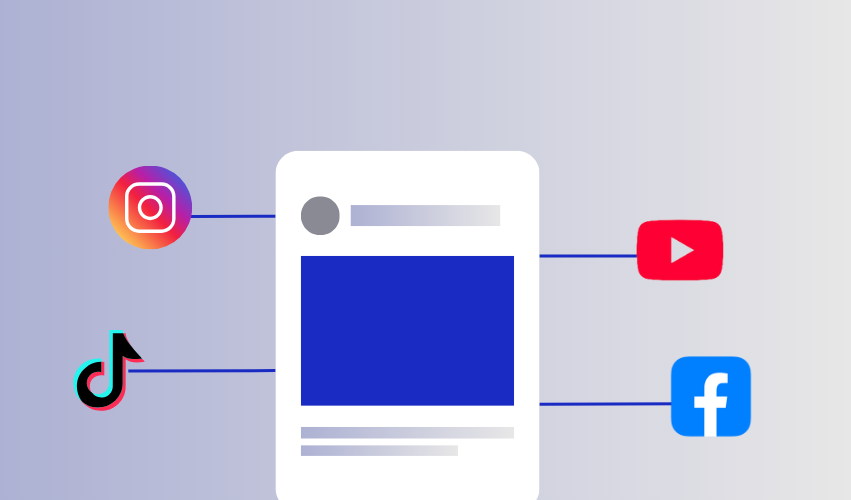 Social media algorithms illustration showing Instagram, TikTok, YouTube, and Facebook connected to a content post.