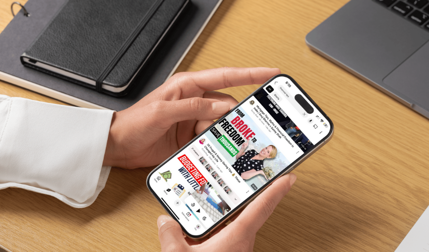 Person browsing financial content marketing video on smartphone