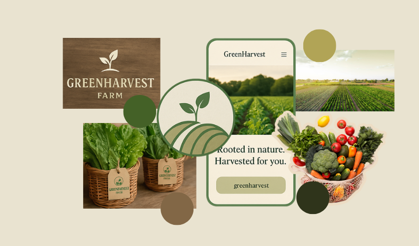Farm marketing visuals for a small brand including logo, lettuce baskets, and digital branding