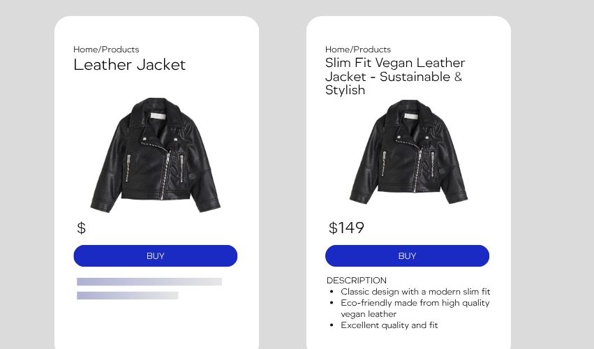 Comparison of two e-commerce product pages showing a leather jacket versus an optimized product page with detailed description, pricing, and features.