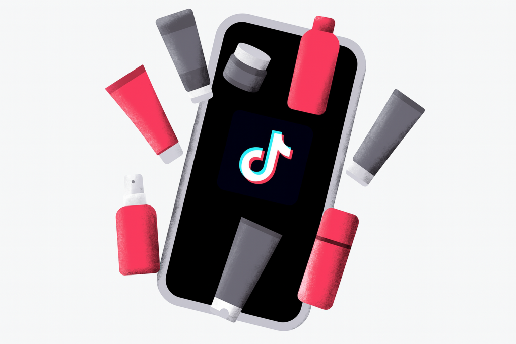 TikTok marketing concept illustration with beauty and CPG products around a smartphone.